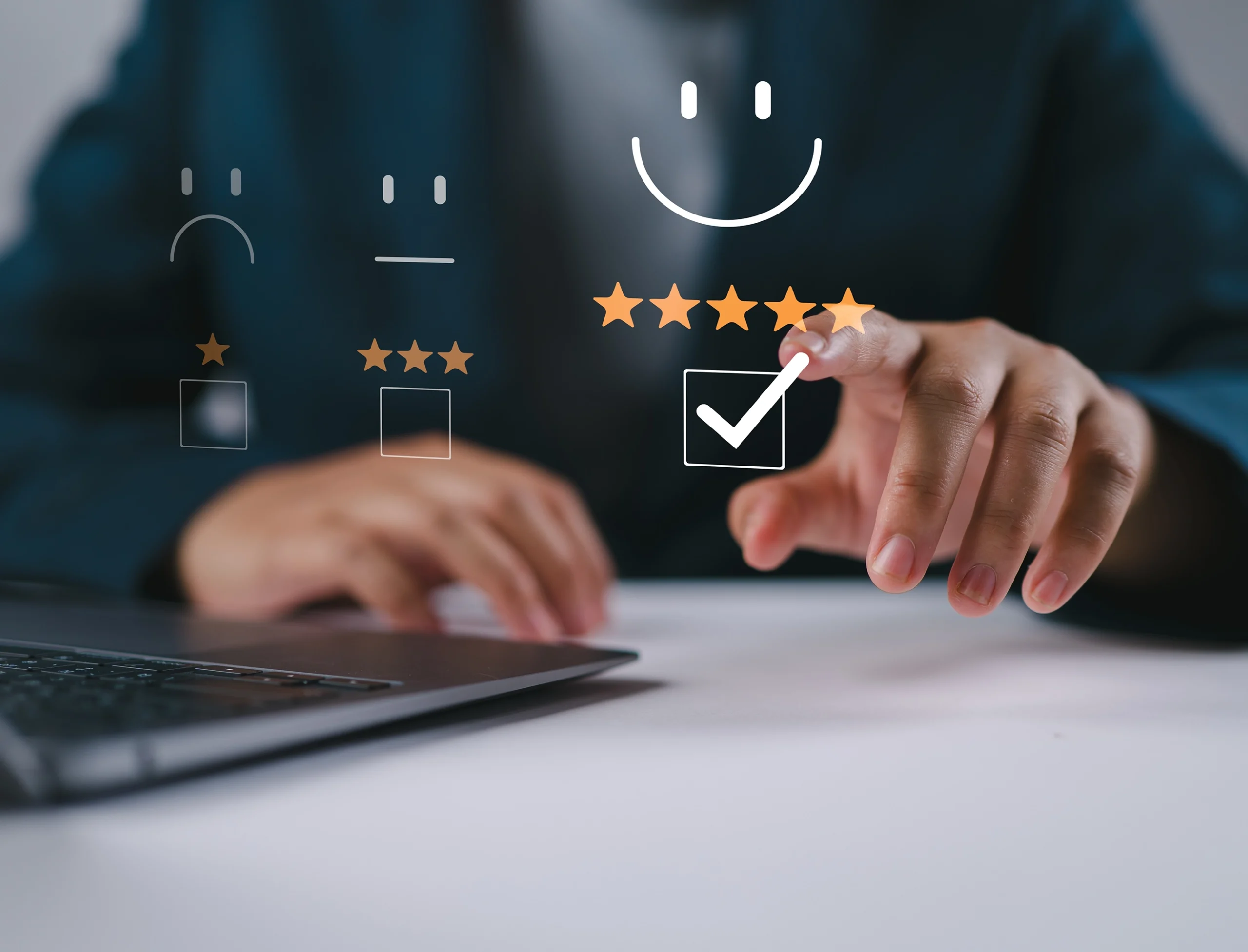 Hand marking happy customer checkbox symbolizing client satisfaction in logistics services