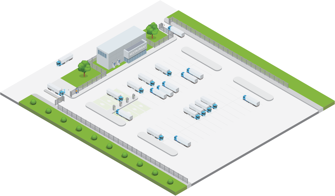 Illustration of a truck parking facility featuring automated gates, EV charging stations, payment terminals, and designated parking zones