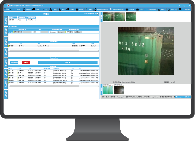 Screenshot of PASS software interface showing OCR data validation and exception handling for container terminals