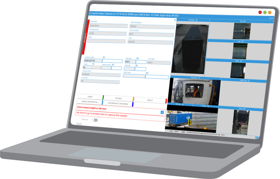 Laptop Displaying PASS Middleware Software for Port Automation Illustration of a laptop screen showing PASS (Port Automation & Security System) software interface used for container terminal automation