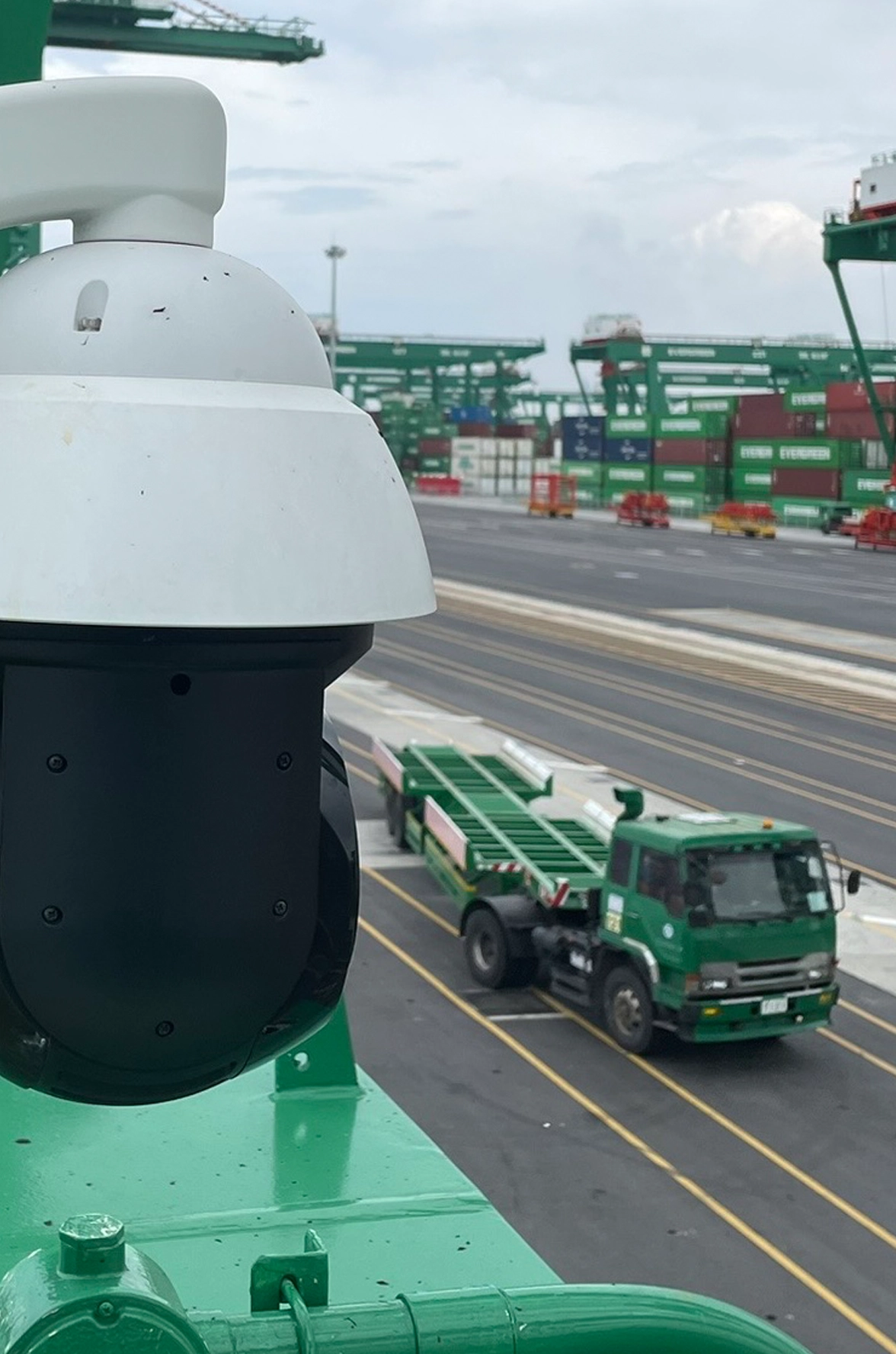 OCR Camera Capturing Terminal Truck Data at Kaohsiung Port KC7 OCR camera focused on a terminal truck for automated container and vehicle identification at Kaohsiung Port KC7