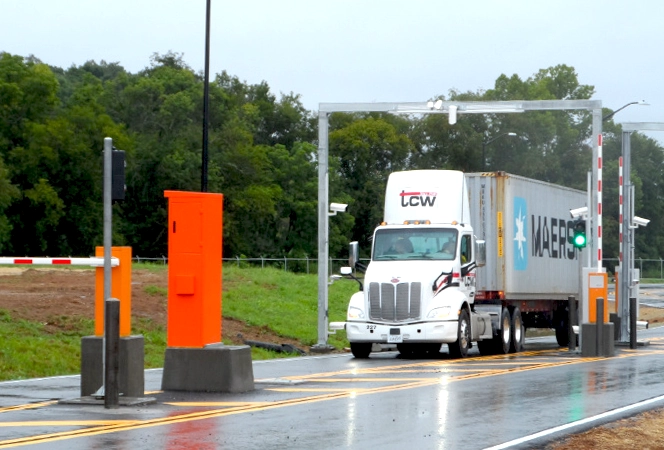 Truck driving under OCR portal at Appalachian Regional Port, Georgia Ports Authority