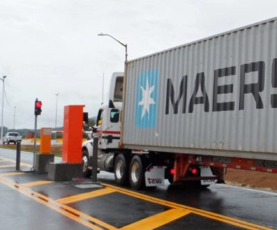 Truck interacting with automated gate kiosk at Appalachian Regional Port, Georgia Ports Authority