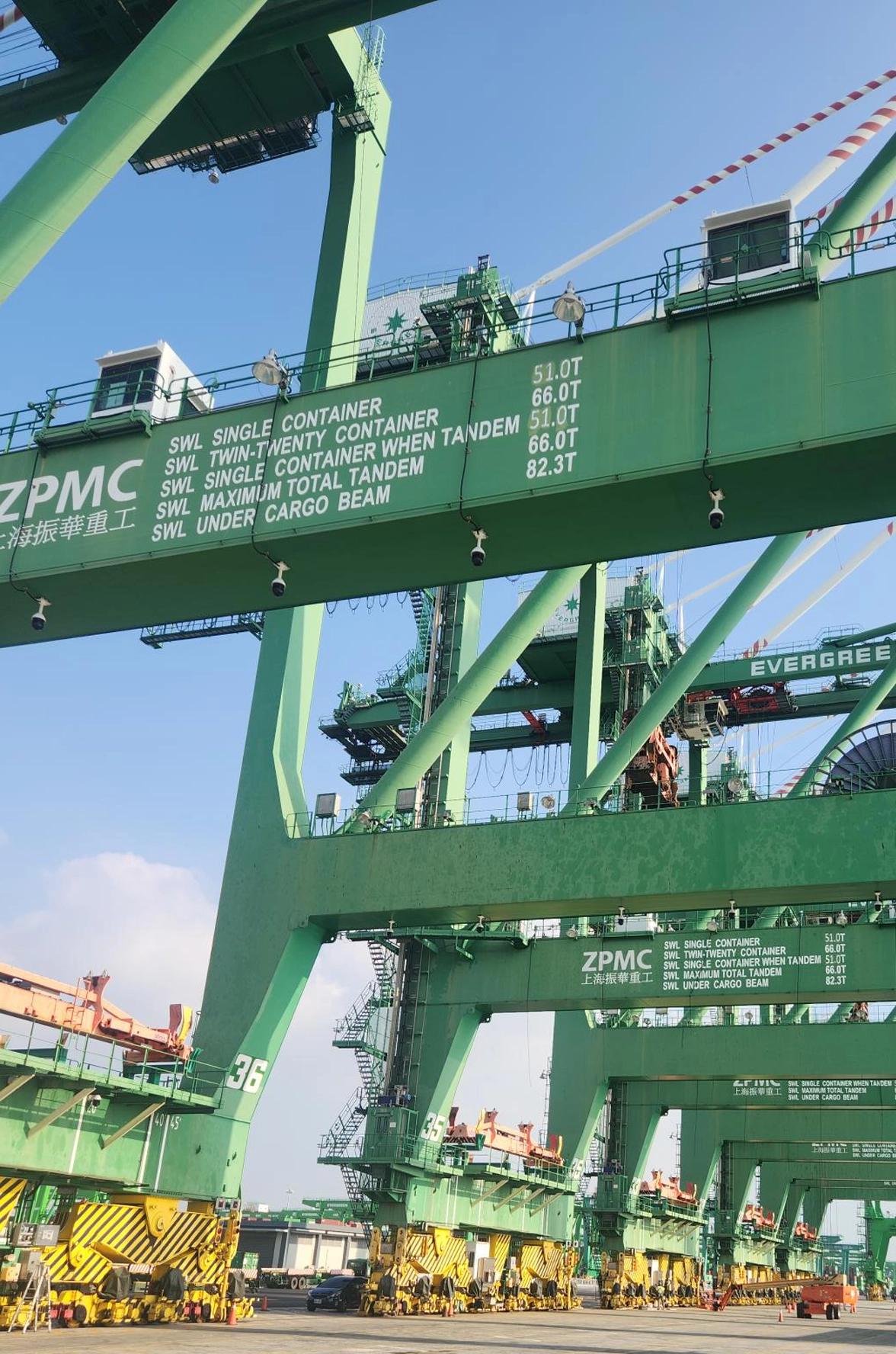 ZPMC Cranes at Kaohsiung Port KC7 Five ZPMC ship-to-shore cranes aligned at Kaohsiung Port Seventh Container Terminal (KC7) in Taiwan