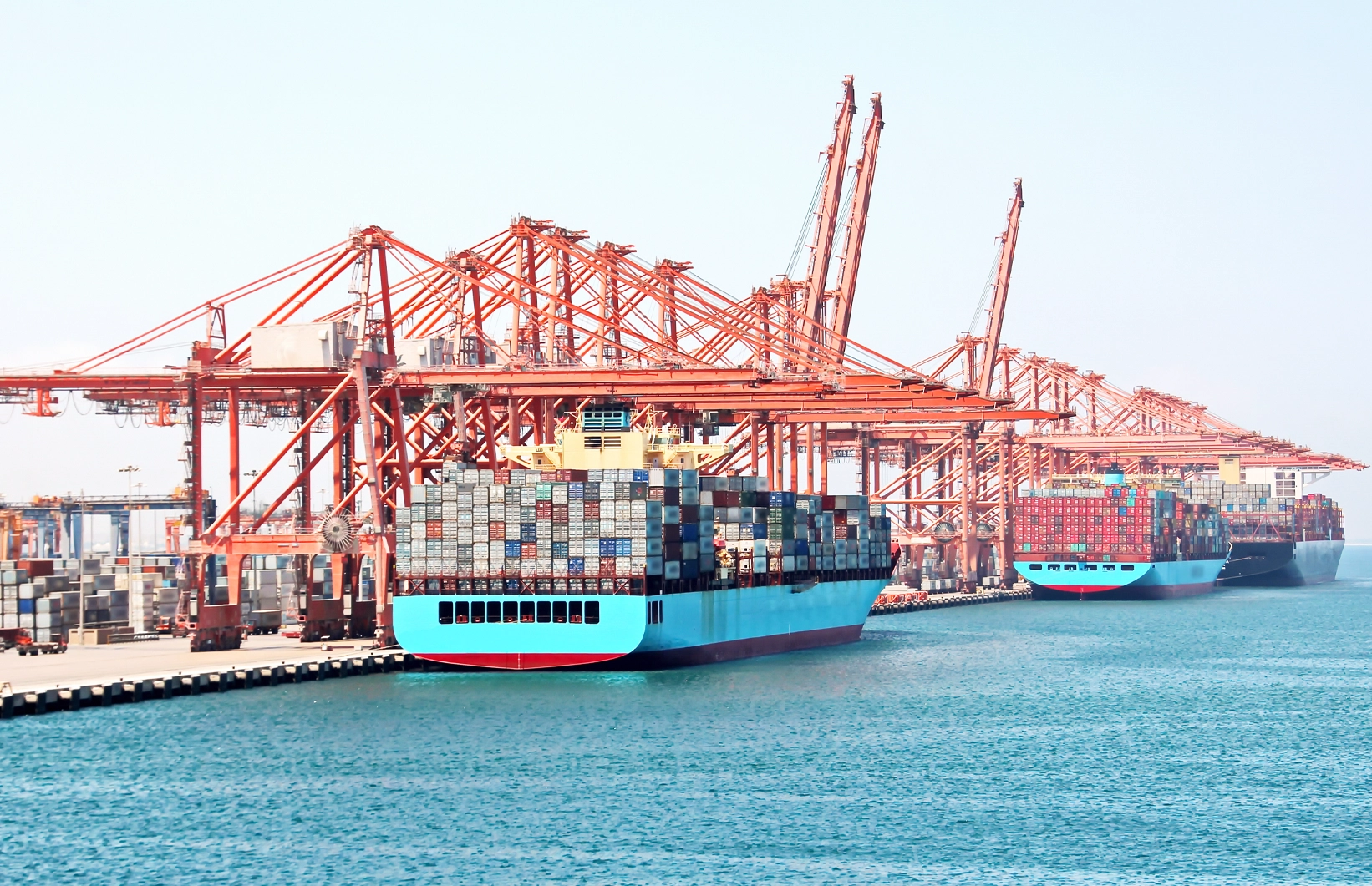Waterside view of Port of Salalah container terminal with STS cranes and shipping lanes